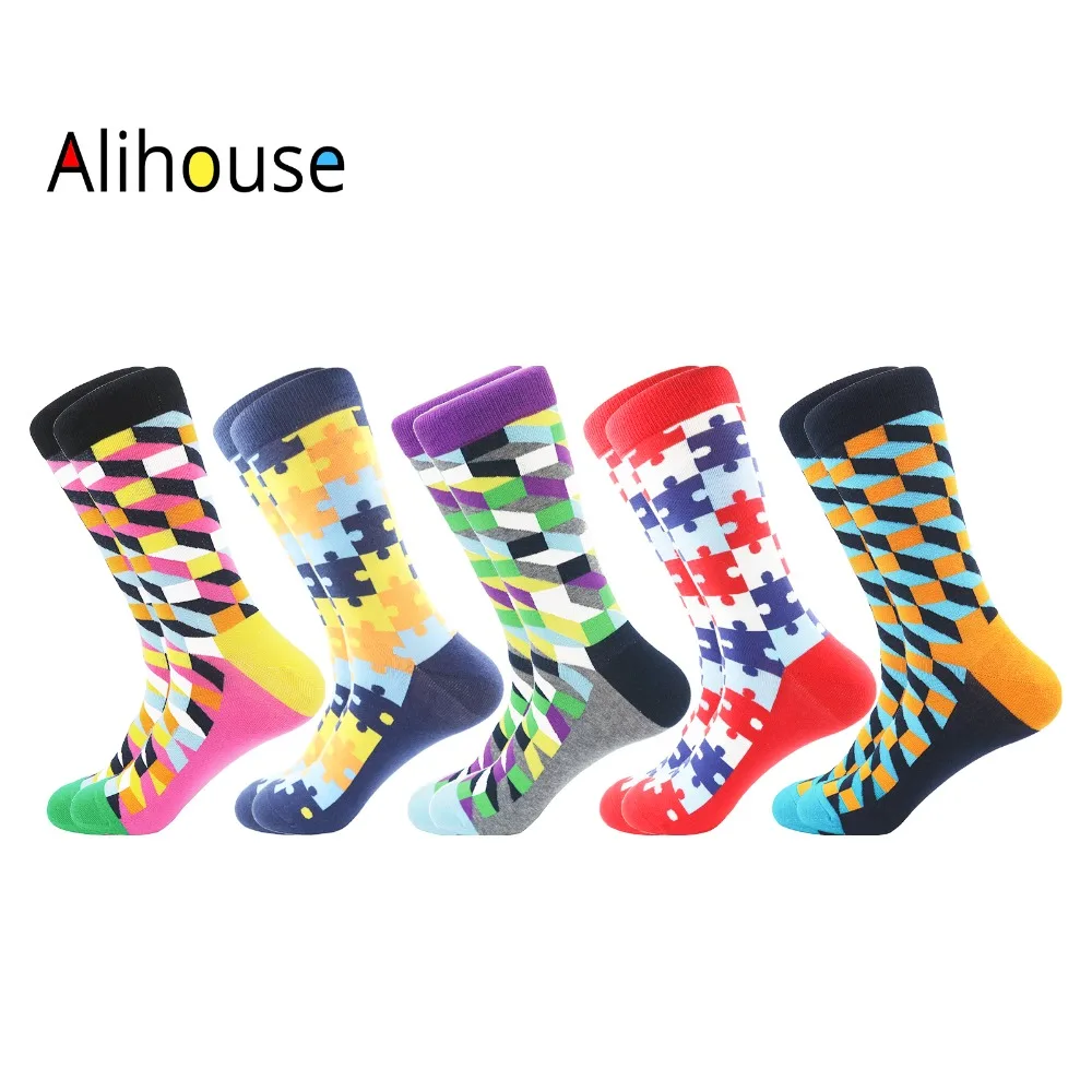 

Hot Hot Hot Funny Argyle Happy Socks Men Causal Crew Cotton Winter Warm Socks 5Pairs/Lot Colourful Geometric Printed Socks Men