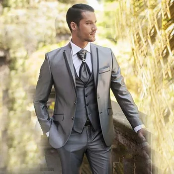 

Grey Satin Slim Fit Suit Wedding SuitS for Men Best Man Blazer Jacket Groom Tuxedo Prom Wear 3 Piece Men Suits with Pants Terno