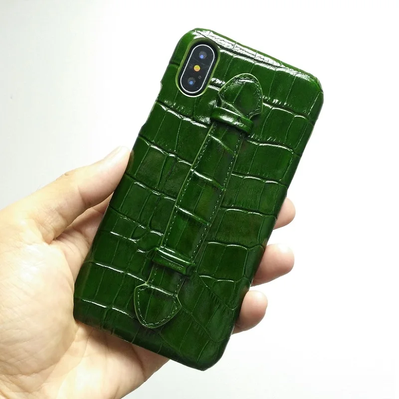 

Genuine Leather Hand Strap Holder Case For iPhone X Xs Max XR Cell Phone Luxury Crocodile Ultra Thin Slim Hard Cover GREEN