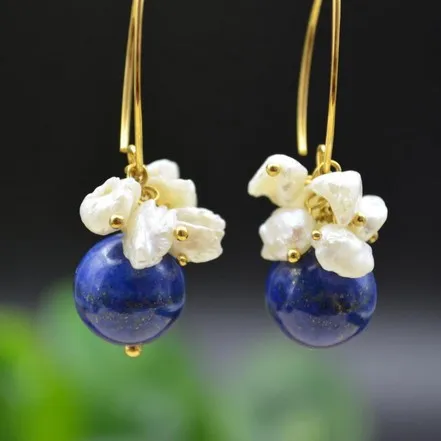 

Italian design Natural lapis lazuli pearl 925 sterling silver gilt earrings