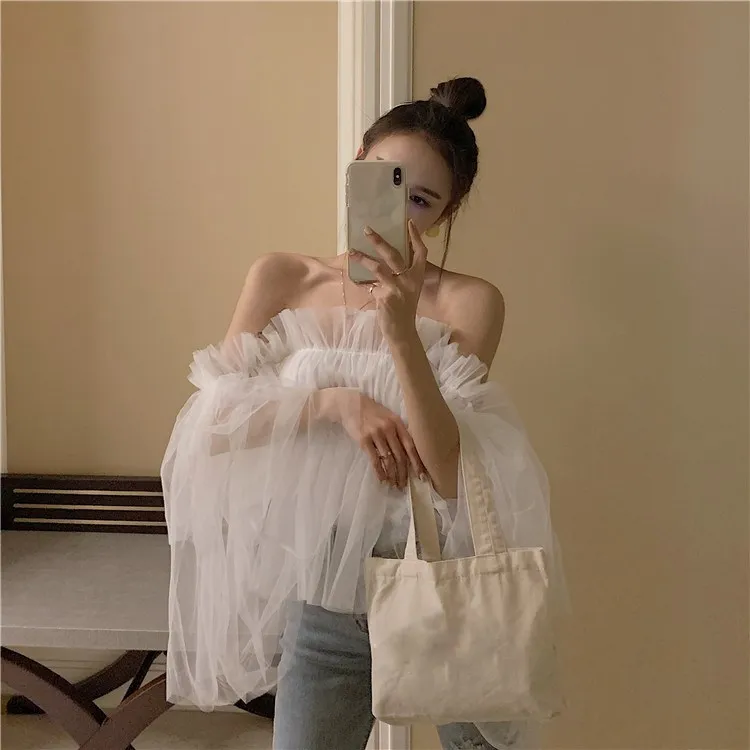 Summer Slash Neck White Blouse Lace Women New Chic Flare Sleeve Casual Mesh Top Sexy Bare Shoulder Elegant Shirt