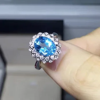 

[MeiBaPJ]925 Sterling Silver Inlaid With Natural London Blue Topaz Stone Elliptical Sunflower Ring for Women