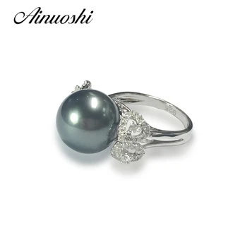 

AINUOSHI 925 Sterling Silver Hear Shaped Women Wedding Ring Tahitian Pearls 12mm Round Pearl Anniversary Lover Rings Jewelry