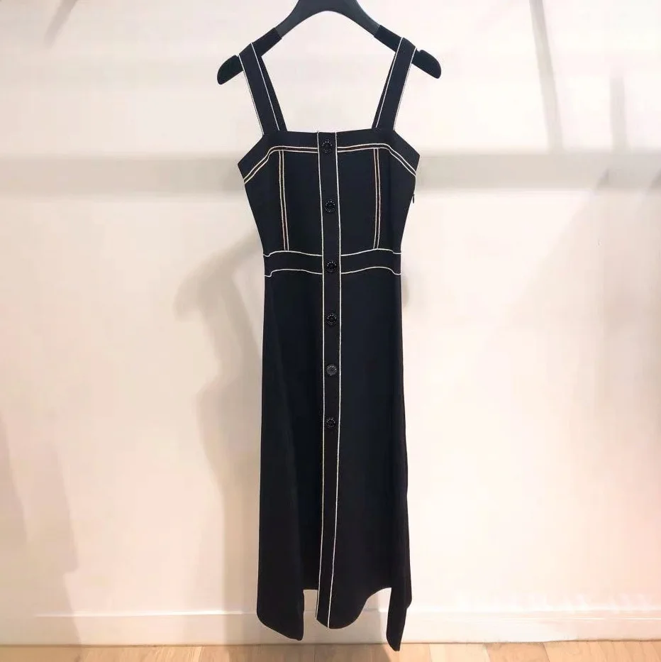 

2019 Spring New Pinming Line Decoration Sleeveless Hanging Belt Single Buckle Women's Dress Slash Neck Sleeveless Dress Women