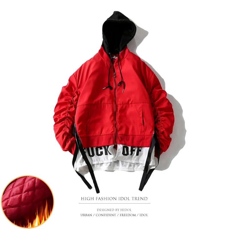 

Winter Thick Oversize Military Parka Coat Hooded False Two Piece Splice Ribbon Pleat Sleeve Zipper Jacket Men Hip Hop Swag Print