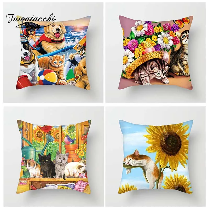 

Fuwatacchi Pets World Cushion Cover Cats Dogs Throw Pillow Covers Playing with Sunflower Poppy Kitty Pillowcases For Sofa Decor