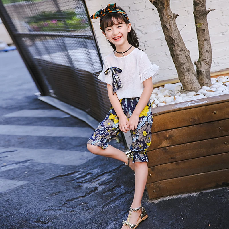 

4 5 6 7 8 9 10 11 12 13 Year Chiffon Clothes Set For Girls Teenagers School Uniform Summer Suit Short Sleeve Shirt + Floral Pant