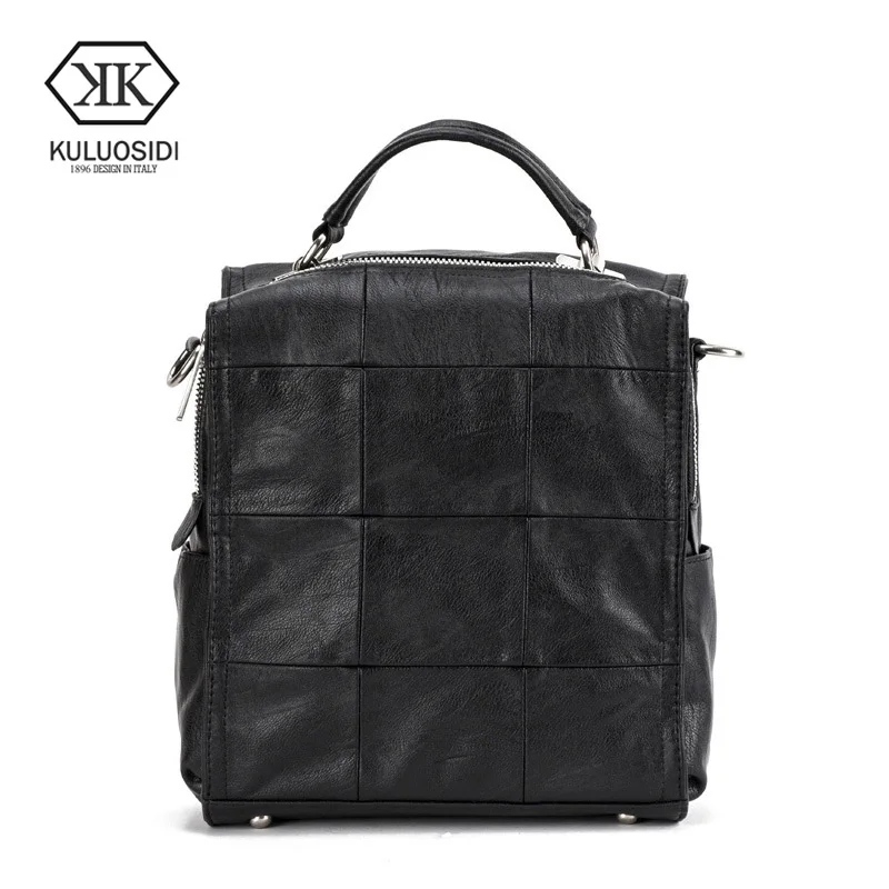 

KULUOSIDI Patchwork Soft Leather School Backpack For Female Backpack High Quality Black Back To School Bags For Teenagers Girls
