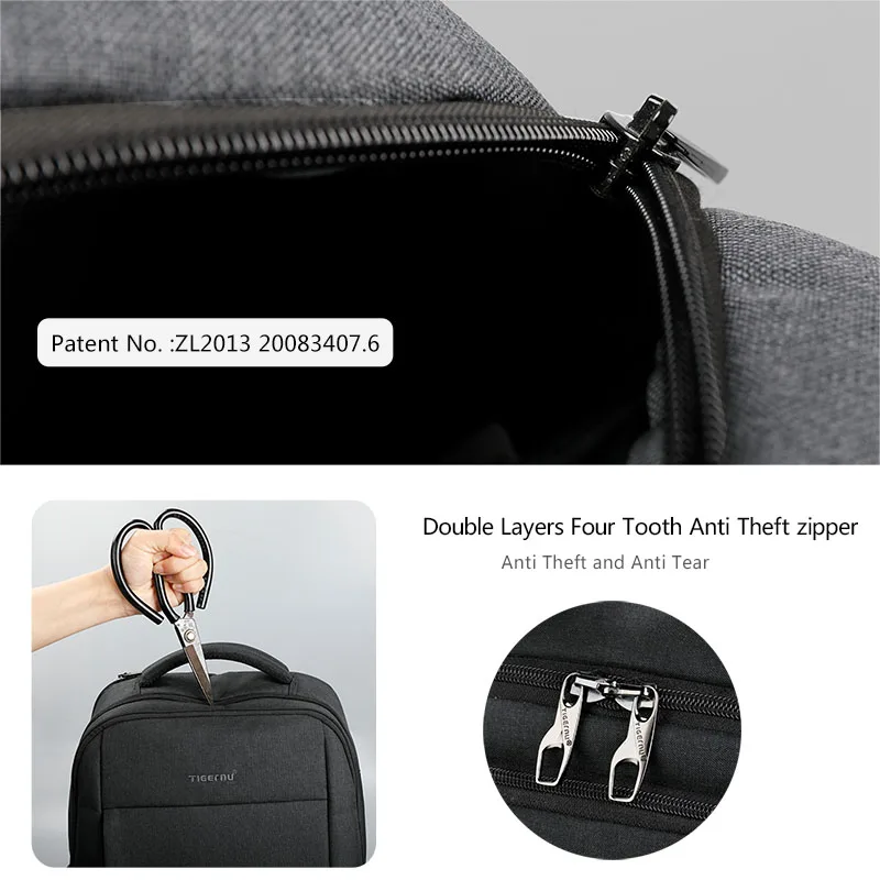  Tigernu Brand USB Charging Male Backpack Anti theft 15.6