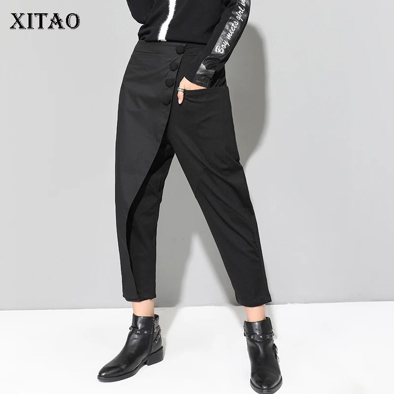 Comprar XITAO Black Tide Long Harem Pants mujer elástico cintura botón Fly Casual Modis frontal Patchwork mujer pantalón 2019 otoño LJT3926