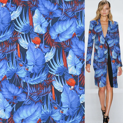 

Blue parrot print silk cotton and linen blended fabric silk JiaLi fabric,SFF147
