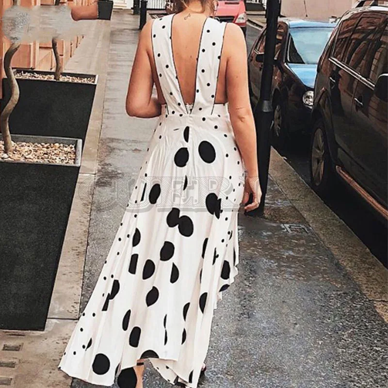 

Cuerly 2019 sexy autumn dot dress women streetwear boho beach long dress deep v neck patchwork ruffled dress casual L5