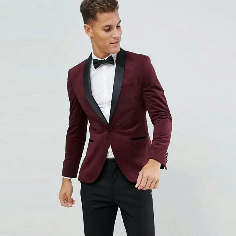 

Latest Coat Pant Designs Burgundy Velvet Men Suits for Wedding Groom Tuxedos 2Piece Groomsmen Blazers Slim Fit Terno Masculino