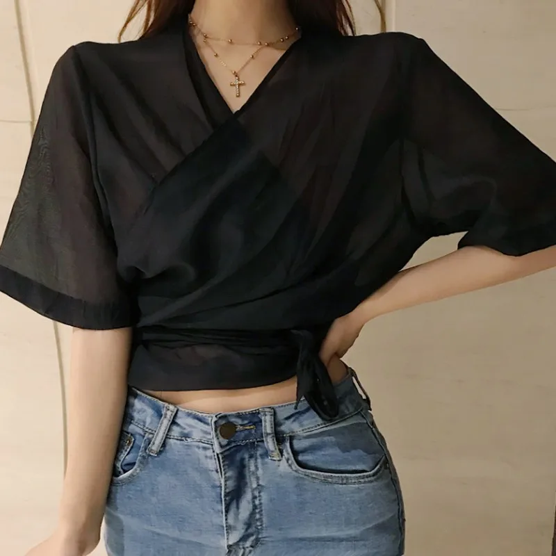 

V-neck Cross Loose Lace Up Decoration Vintage Cardigan T-shirt for Women Summer Sexy Sunscreen Breathable Short-sleeved Tshirt