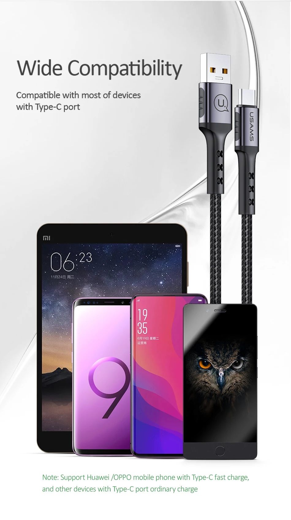 5А флэш-кабель для зарядки типа C для huawei OPPO, USAMS QC USB C кабель для передачи данных SR Плетеный Быстрый зарядный usb-кабель для samsung LG