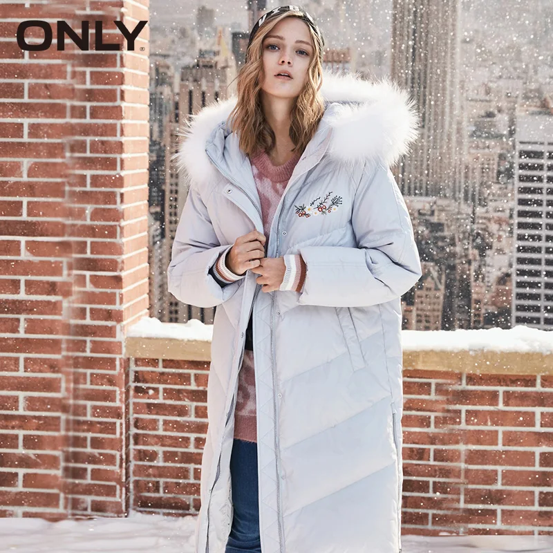 ONLY теплая Длинная зимняя куртка с воротником из меха енота вышивкой пальто парка женская | 118323533