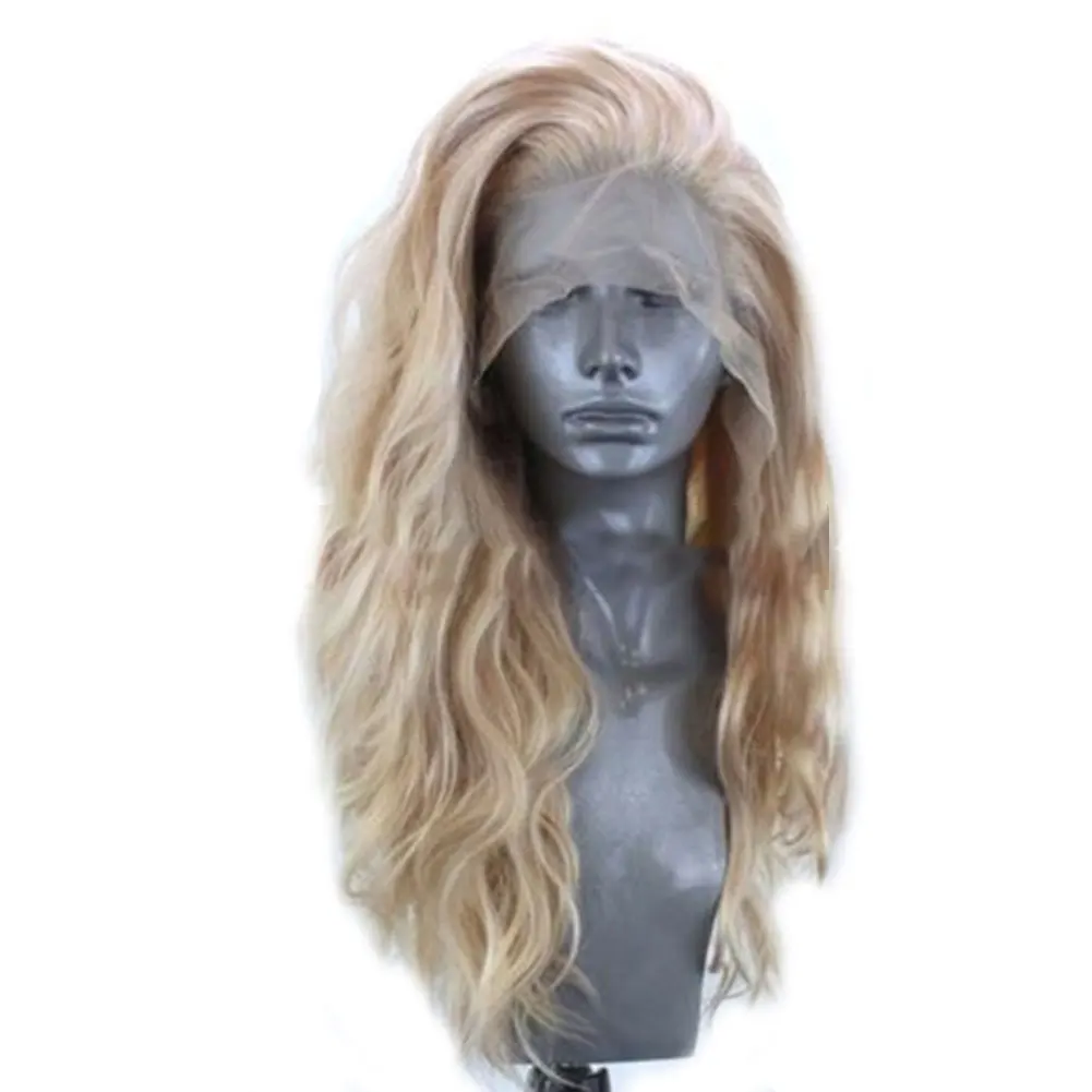 

24 Inch Daily Elegant Natural Fashion Lace Front Golden Blonde Soft Women Wig Heat Resistant Synthetic Hair Wavy Long Curly