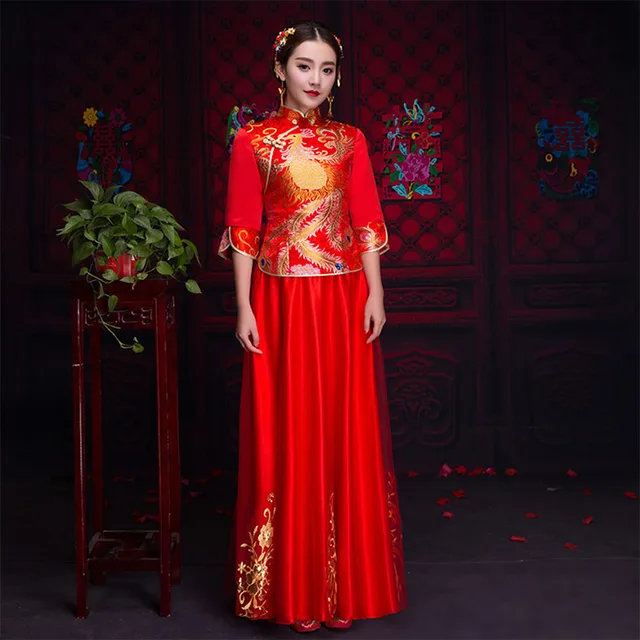 vestido de novia tradicional chino qipao rojo novia largo cheongsam