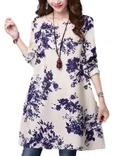 Yfashion Women Retro Style Long Sleeve Casual Dress Cotton Linen Round Collar Dress stylish chainmail round collar long sleeve sheath dress for women