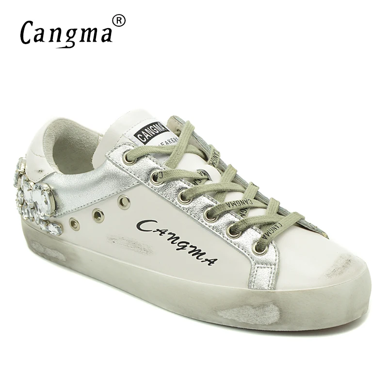 $65 Cangma Casual Shoes Sneakers Golden Women Silver Diamond White Flats Genuine Leather Shoes Cr
