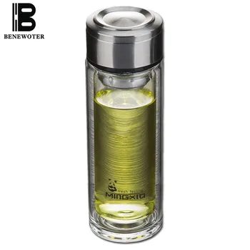 

Portable Heat Resistant Transparent 350ml My Glass Bottle with Stainless Steel Tea Infuser Filter Double Wall Glass Bottle