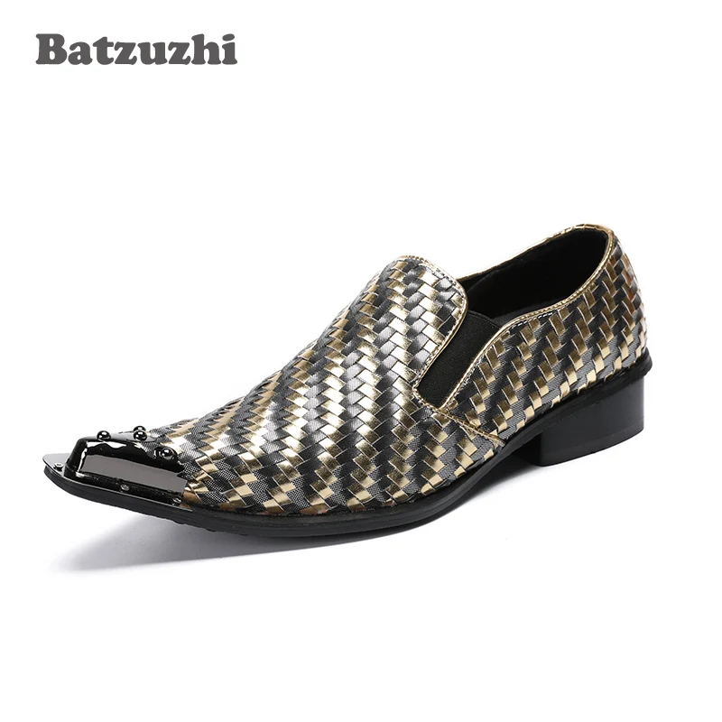 

Batzuzhi 2020 New Genuine Leather Men Shoes Pointed Toe Metal Tip Woven Handmade Men Leather Dress Shoes Fashion Hairdresser