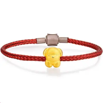

Solid 24k Yellow Gold 3D Lucky Dog Red Leather Bracelet 16.5cm L