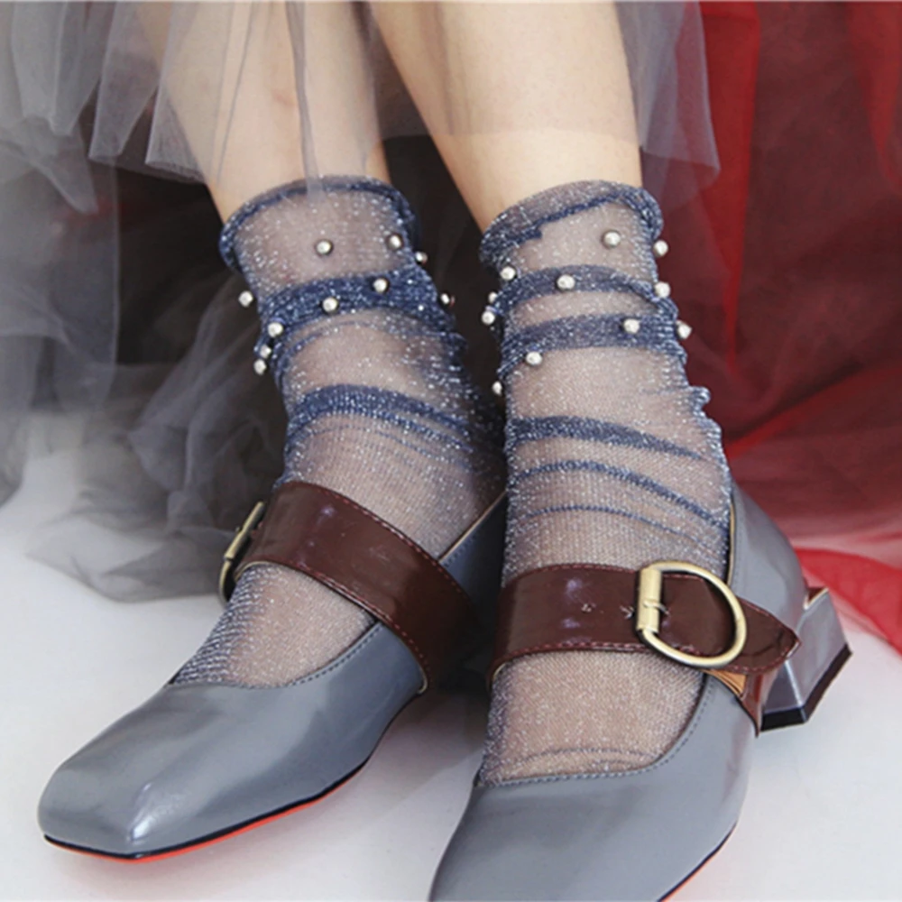 Women Fashion Glitter Mesh Ankle Short Socks Ladies Summer Silver Bead