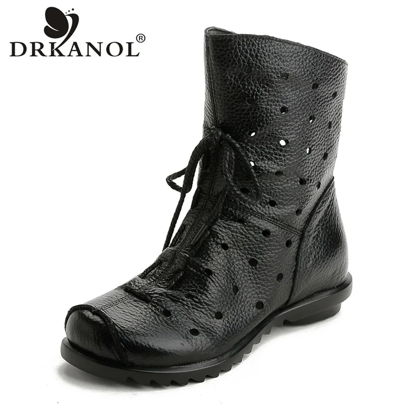 

DRKANOL Fashion Women Boots Hollow Breathable Shoes Soft Genuine Leather Flat Ankle Boots For Women Summer Cool Boots Size 42