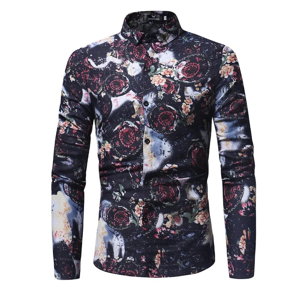 Hot The Spring and Autumn New Men's Floral Print Long Sleeved Floral