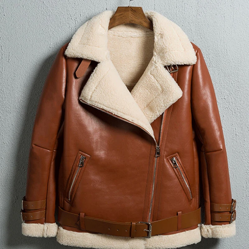 Новинка, зимнее женское мотоциклетное пальто из искусственной овечьей шерсти, женские толстые теплые пальто из искусственной замши H133