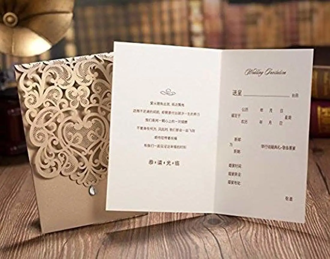  20Pcs Gold & White Laser Cut Heart Wedding Invites Printable Rhinestone Birthday Invitations Card S - 32990866841