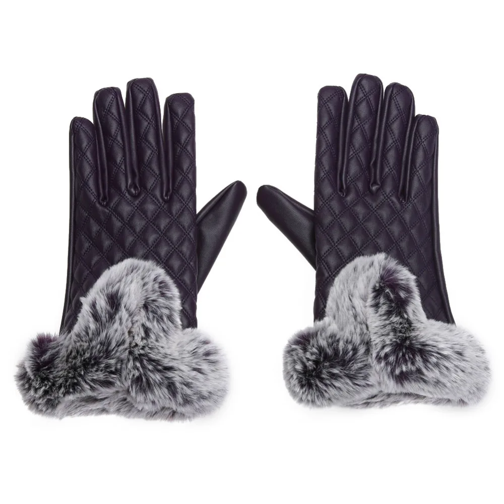 

Women's Gloves Rabbit Fur Ball PU Leather Gloves Female Winter Thick Mittens Grid Gloves for Women Solid Color Female Gloves