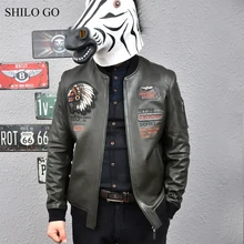 SHILO GO мужская кожаная куртка Весенняя модная куртка из натуральной овечьей кожи с круглым вырезом индийская вышитая надпись Повседневная бейсбольная кофта