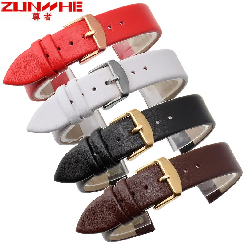 

12mm 14mm 16mm 18mm 20mm 22mm Top Grade Polished Rose Gold Thin section Black red White Genuine Leather Watchband for woman