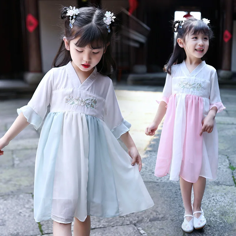 Китайское платье hanfu, китайская одежда для девочек, qipao, детский Восточный костюм, платье чонсам, летняя одежда с короткими рукавами