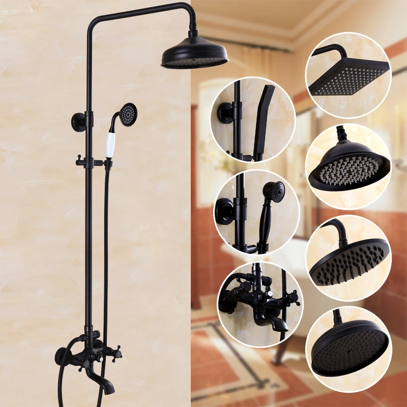 

Bathroom Black Antique Brass Shower Column Set Wall Mounted 8" Rainfall Mixer Tap Faucet 3-functions Valve