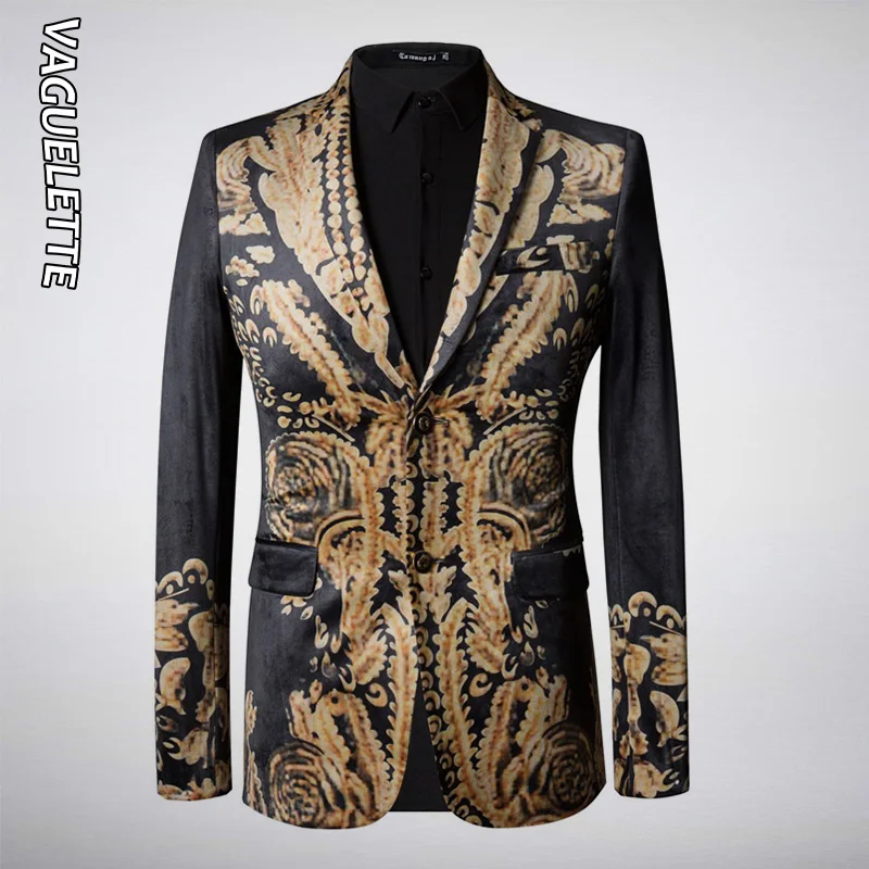 VAGUELETTE пиджак с золотым принтом, мужской блейзер с модным рисунком, мужской сценический Блейзер, приталенный, элегантный, сценическая одежда для мужчин