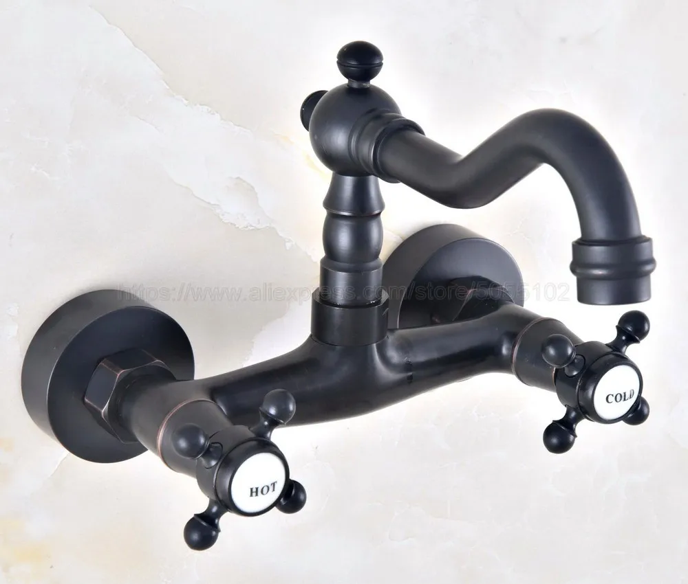 Oil Rubbed Bronze Wall Mounted Swivel Spout Bathroom Sink Faucet Double Handle Mixer Tap Wall Mounted znf451