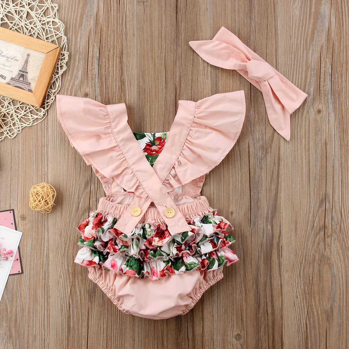 2018 Cute Newborn Infant Baby Girls Floral Romper Pink Jumpsuit Headband Outfits 0 2T 28in