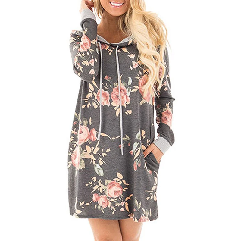 

Autumn Fashion Dress Women Hooded Dresses Floral Print Full Sleeve 3 Colors Dress Female Loose Casual Dresses with Straps D0564