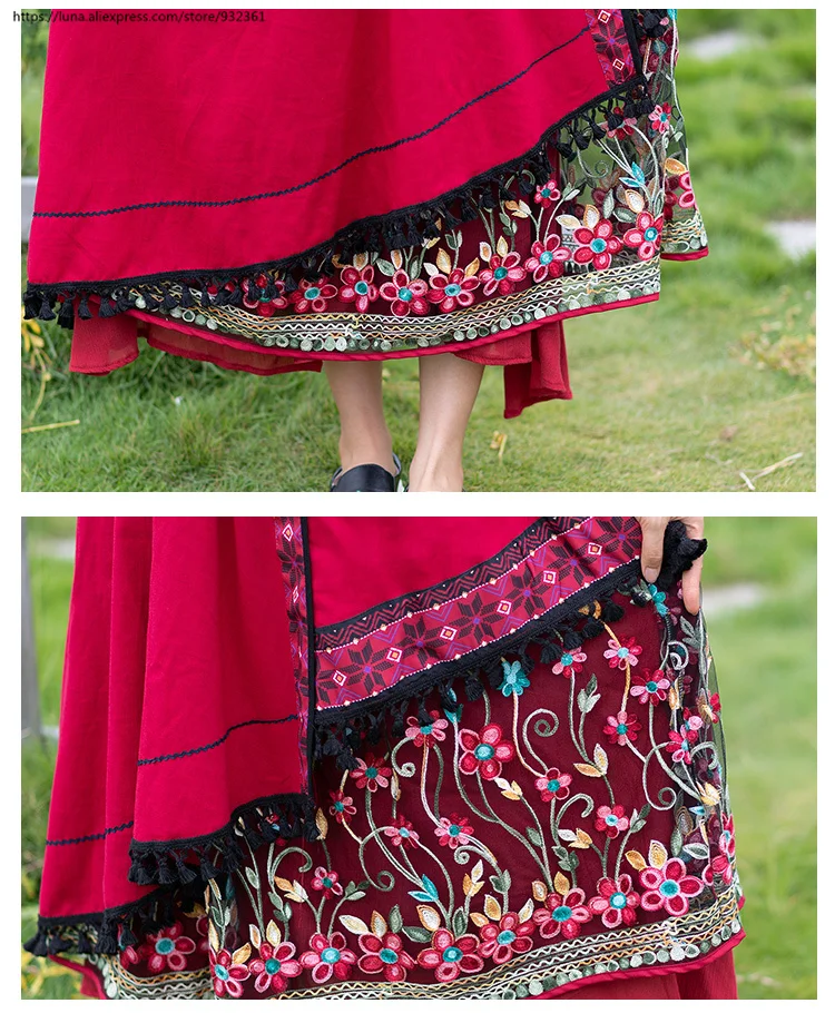 Винтажная Асимметричная длинная юбка в стиле бохо с цветочной вышивкой женские