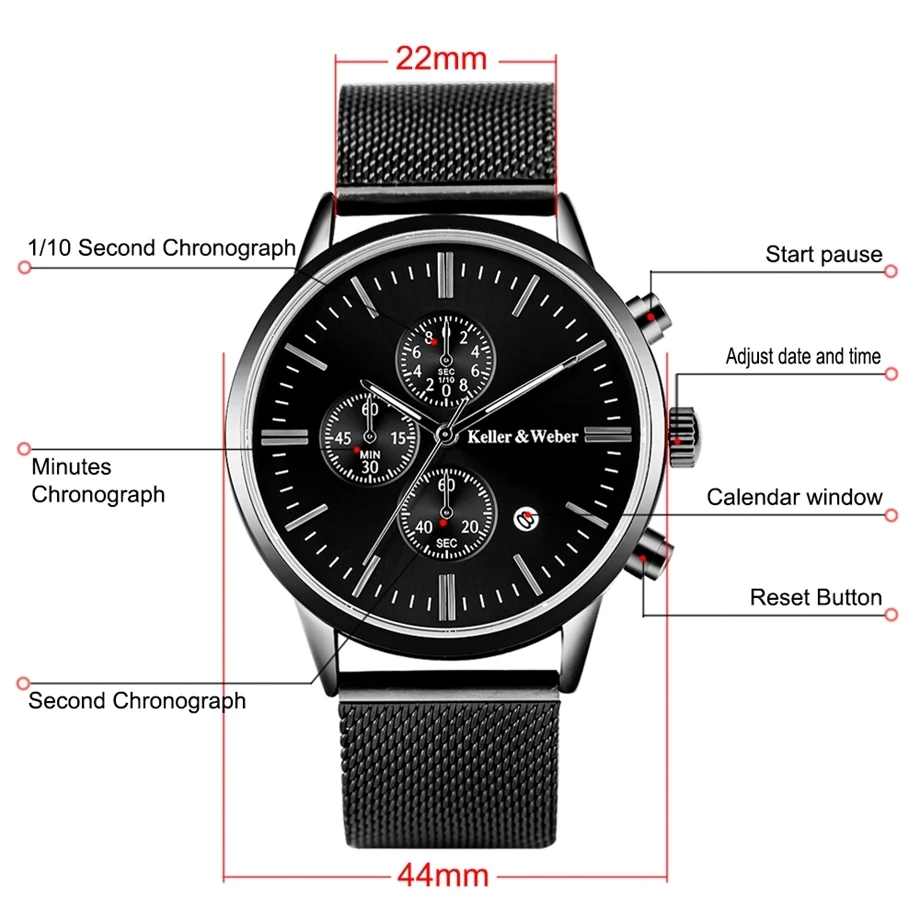 Keller & Weber Men's Watches Top Luxury 30m Waterproof Ultra Thin Date Clock Steel Strap Casual Quartz Watch Men Sport Watch (8)