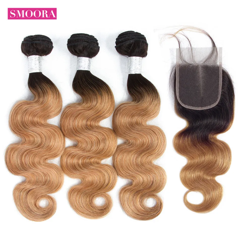 Smoora Ombre Hair Bundle with Closure Brazilian Body Wave 2 Tone T1b/27 Dark Roots Blonde Ombre 3 Bundle with Closure Non Remy Smoora Ombre Hair Bundle with Closure Brazilian Body Wave 2 Tone T1b/27 Dark Roots Blonde Ombre 3 Bundle with Closure Non Remy