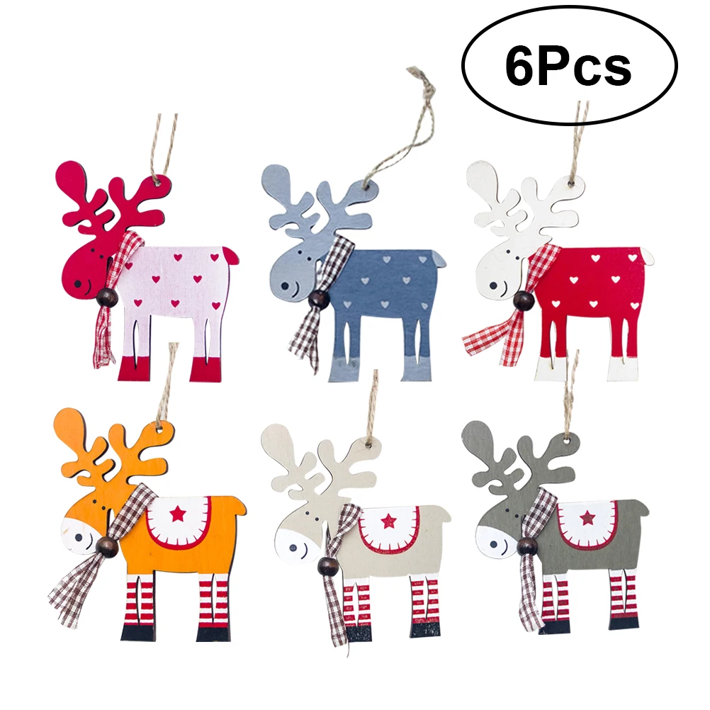 6Pcs Cute Christmas Elk Ornaments Colorful Reindeer Pendant Xmas Wooden