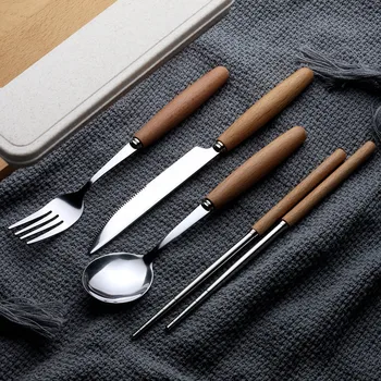 

Portable Wooden Handle Dinnerware Set Stainless Steel Plated Silver Knife Fork Tableware Cutlery with Plastic Box 2/3/4Pcs/Set