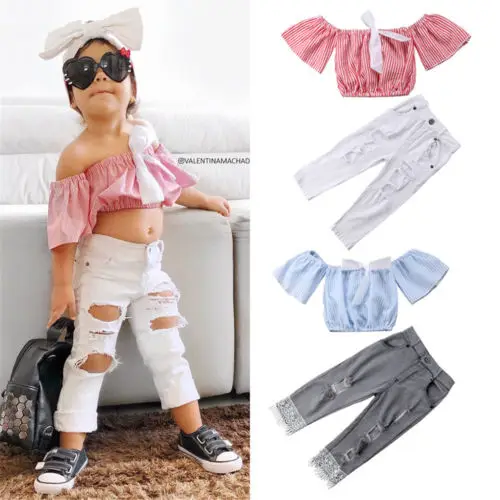 

New Pudcoco Kids Baby Girl Bow Clothes Striped Off Shoulder Tank Tops Long Lace Holes Pants Outfit Summer 2Pcs New Promotion Set