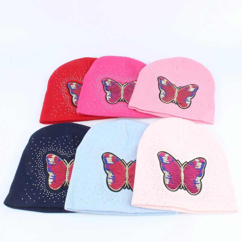 Girls Baby Beanie Winter Hat For Kids Cartoon Butterfly Sequin Winter Cap Children Warm Knitted Rhinestone Skullies Beanies