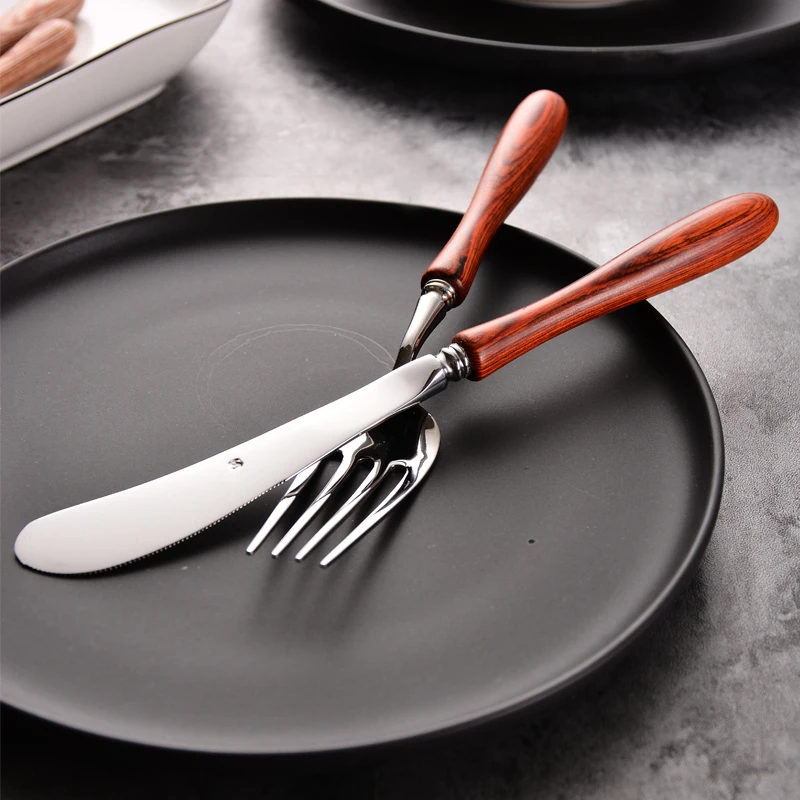 1 комплект Высокое качество западные столовые приборы 304 нержавеющая сталь+ деревянная ручка столовые приборы посуда кухонный нож набор