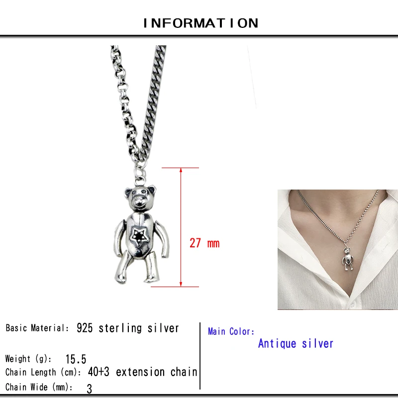 Thai Silver 925 Sterling Silver Rotatable Limbs Bear Pendant Necklace Vintage Silver Punk Big Necklace S925 Choker Women Jewelry